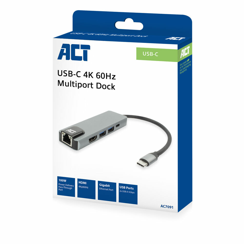 ACT USB-C 4K docking station for 1 HDMI monitor, ethernet, USB-A, PD pass-through