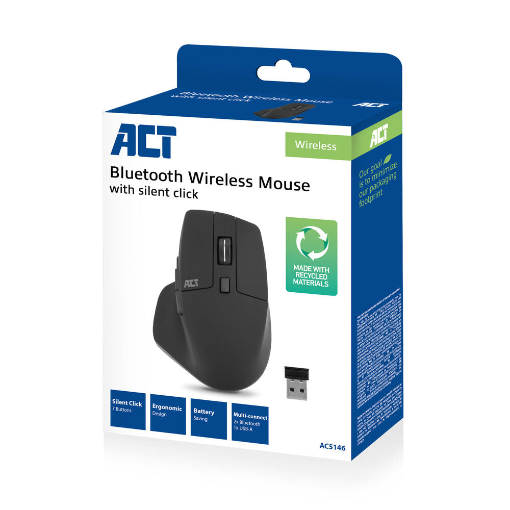 ACT Draadloze multi-connect muis Bluetooth of USB-A ontvanger, 2400 DPI met stille klik, gemaakt van gerecyclede materialen