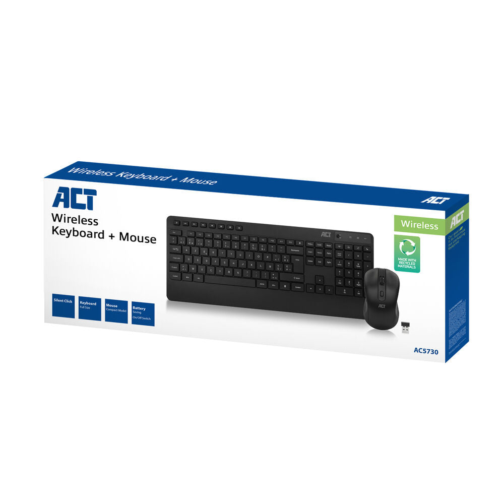 ACT Draadloos toetsenbord en muisbundel (Azerty), stille klik, milieuvriendelijk, gemaakt van gerecycled materiaal