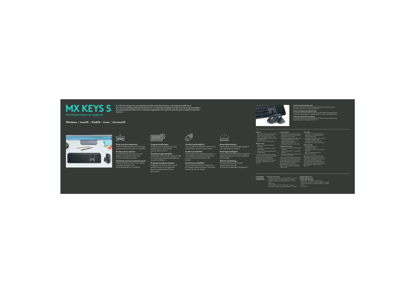 Logitech MX Keys S draadloos toetsenbord, BE Azerty, verlicht, Bluetooth, USB C oplaadbaar, voor Windows PC, Linux, Chrome, Mac
