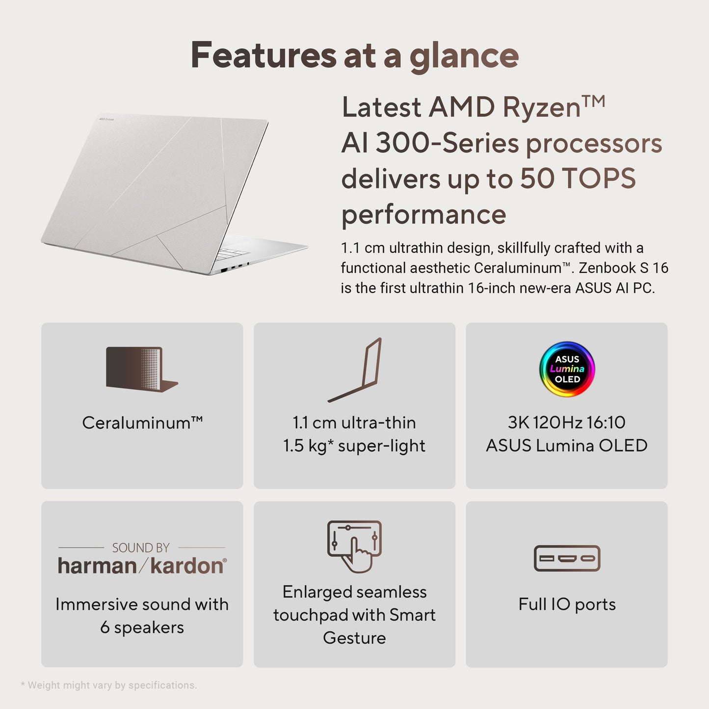 ASUS Zenbook S16 UM5606WA-RK123W, 16inch 3K OLED Glare, AMD Ryzen AI 9 365, 24GB, 1TB PCIe NVMe SSD, Radeon 880 M Graphics, W11, Wit