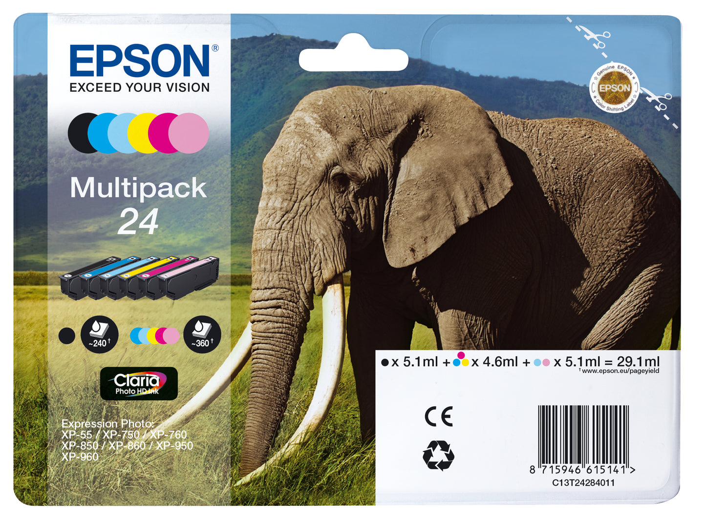 EPSON Claria Inkt Cartridge 24 Foto HD inkt zwart en vijf kleuren standard capaciteit 29.1ml 1-pack blister zonder alarm