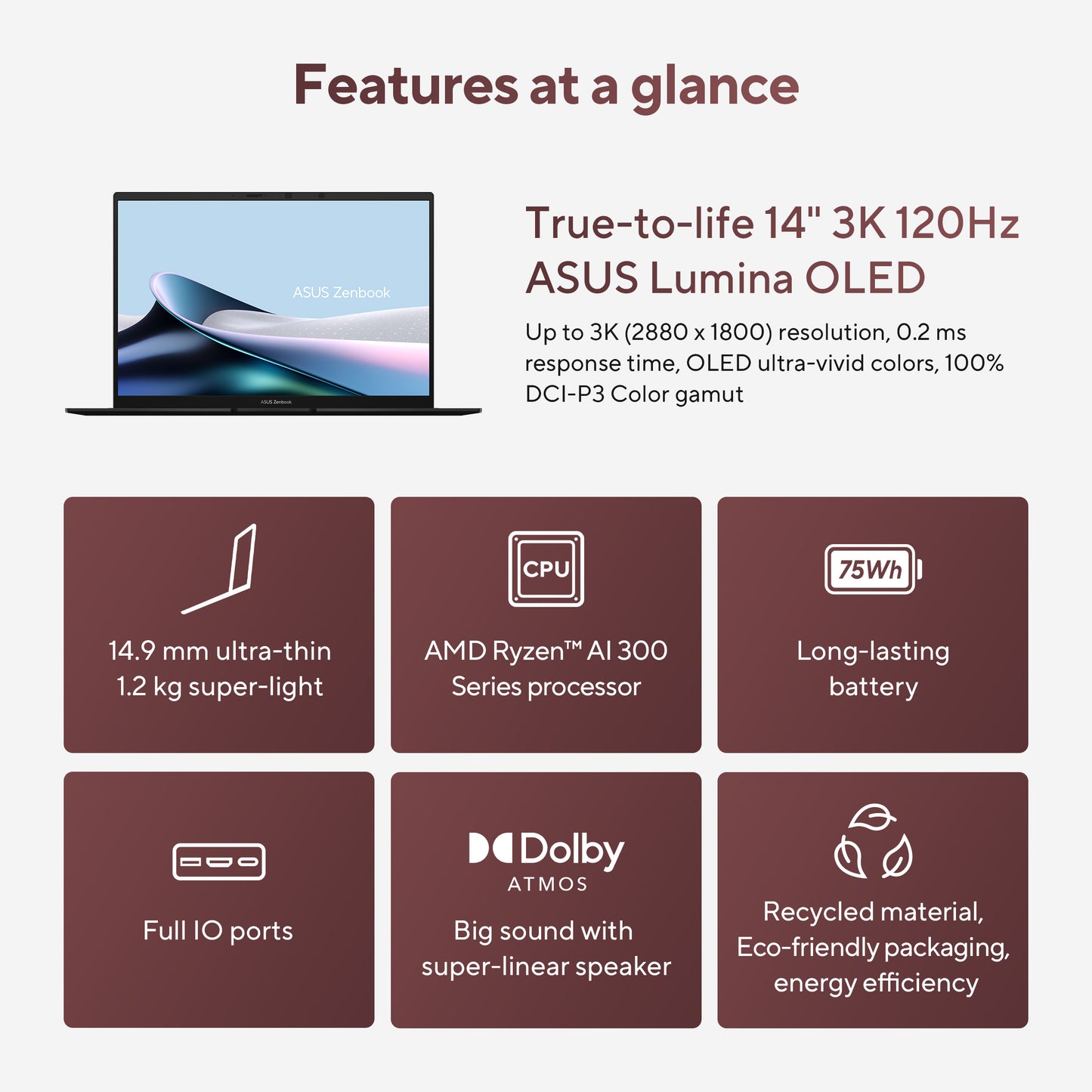 Zenbook 14UM3406KA-QD132W-BE, 14.0 60Hz WUXGA OLED, AMD Ryzen AI 7 350, 32GB LPDDR5X, 1TB M.2 NVMe PCIe 4.0 SSD, AMD Radeon Graphics, W11H,