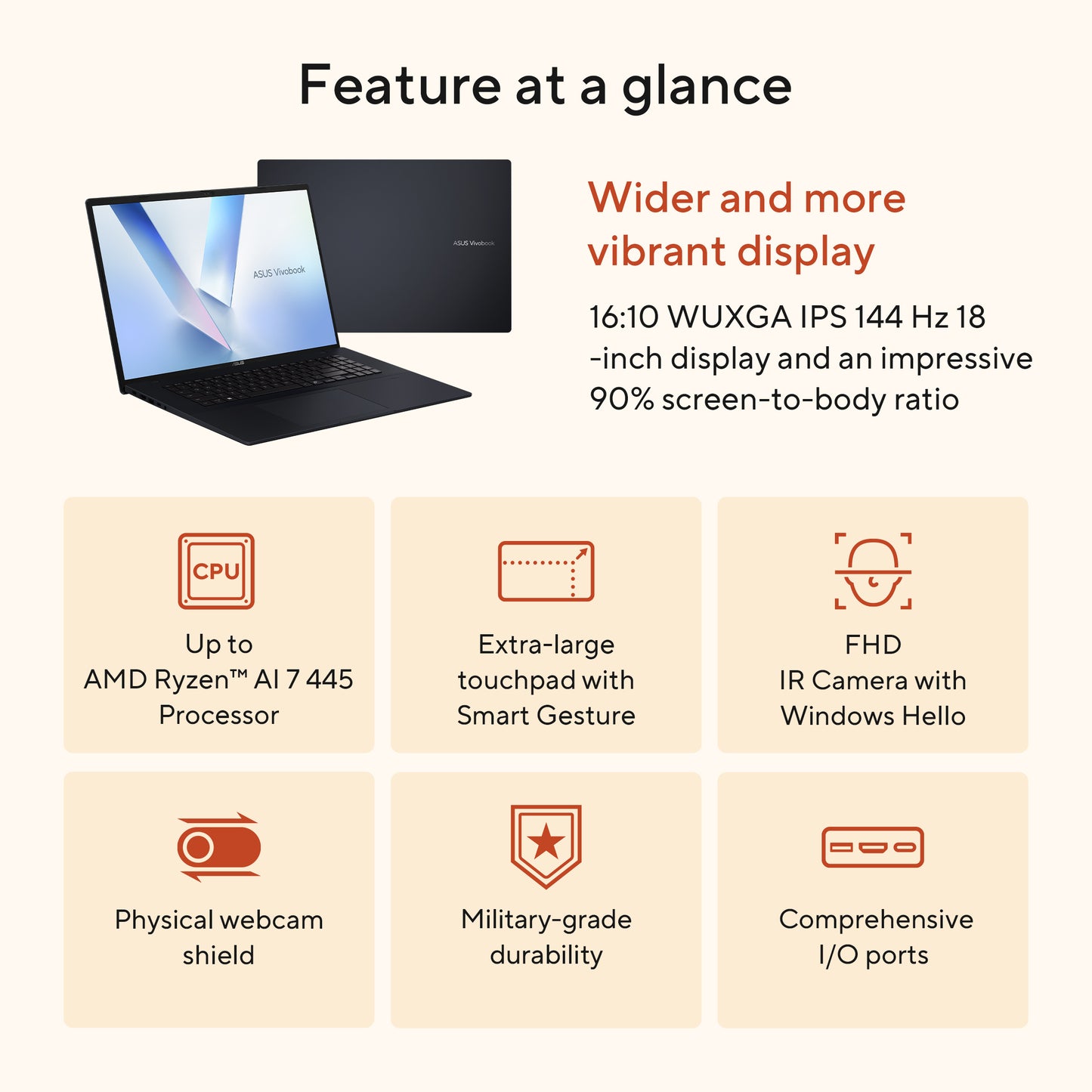 ASUS Vivobook 18 90NB17Y1-M00310 AMD Ryzen AI 7 445 18inch WUXGA 32GB DDR5 1TB M.2 NVMe PCIe 4.0 SSD W11H
