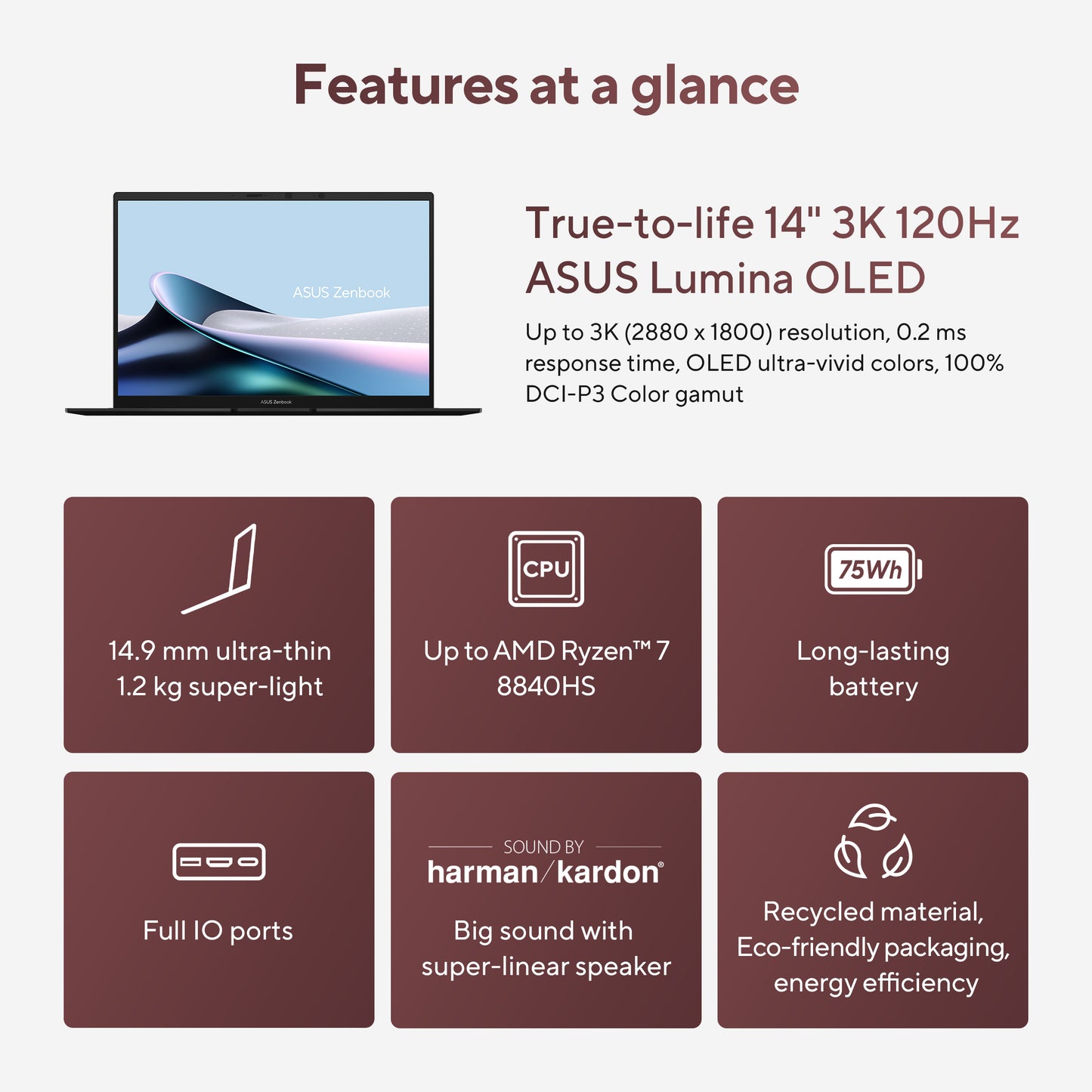 ASUS Zenbook 14 UM3406GA-QD16512W, 14 WUXGA OLED, AMD Ryzen AI 7 445, 50 NPU TOPs, 16GB, 512GB PCIe NVMe SSD, AMD Radeon Graphics, W11H, Bl