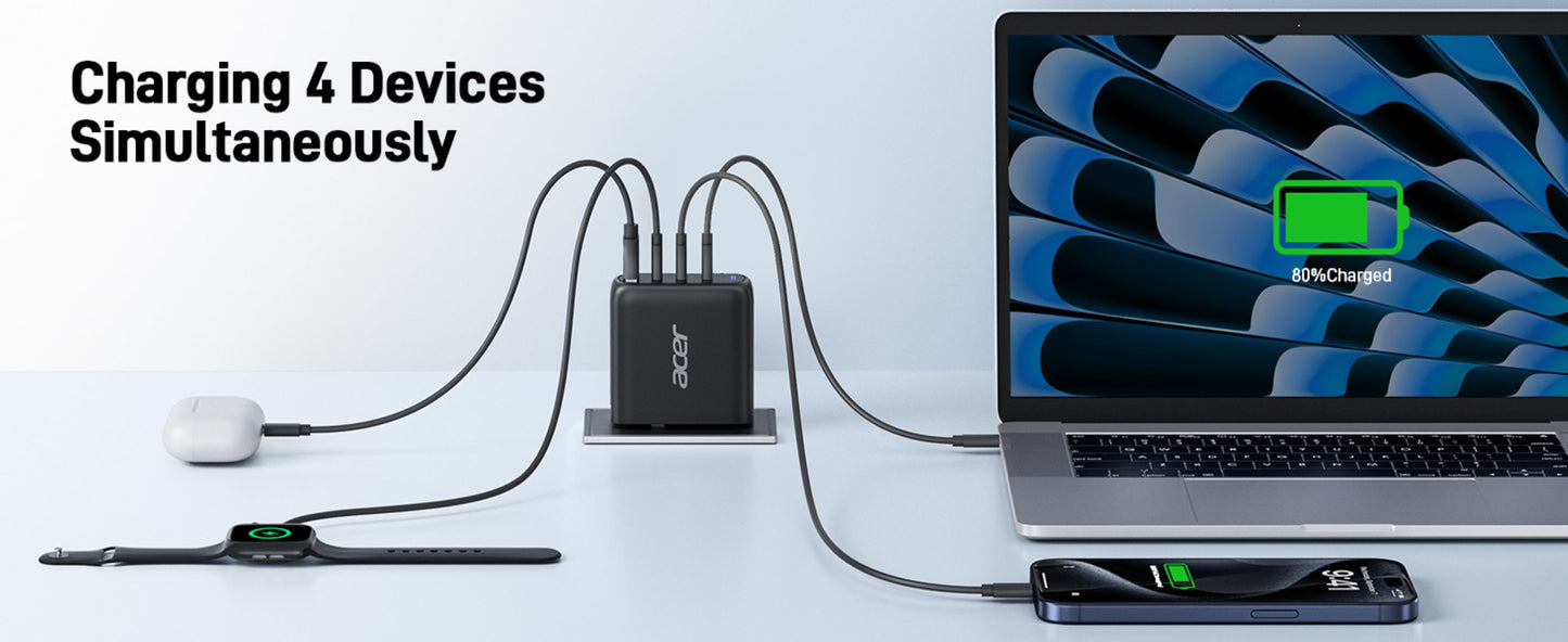 Acer 100W PD Charger, USB Port: 3C+1A, EU Plug, 100W USB-C Cable, Black (Retail Pack)