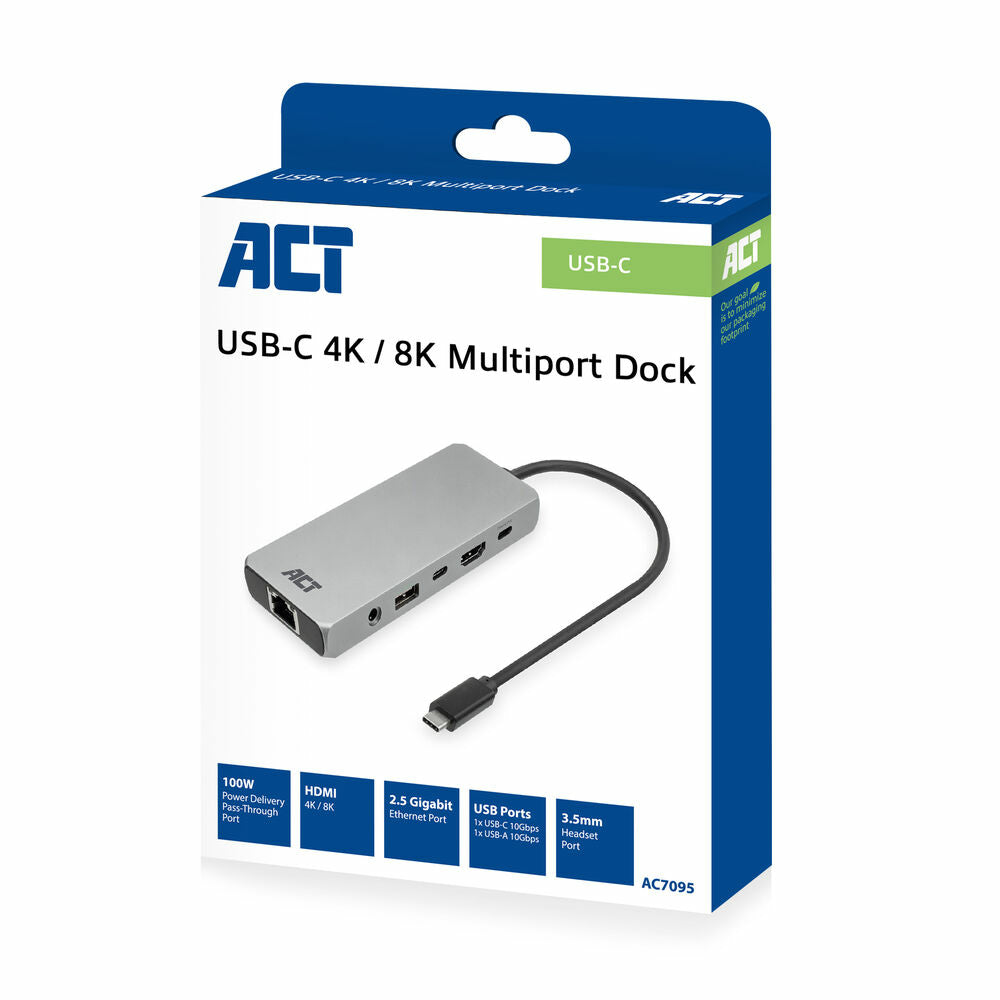 ACT USB-C 4K / 8K 60Hz docking station for 1 HDMI monitor, 2.5 Gigabit ethernet, USB-C 10Gbps, USB-A 10Gbps, 3.5mm audio, PD pass-through