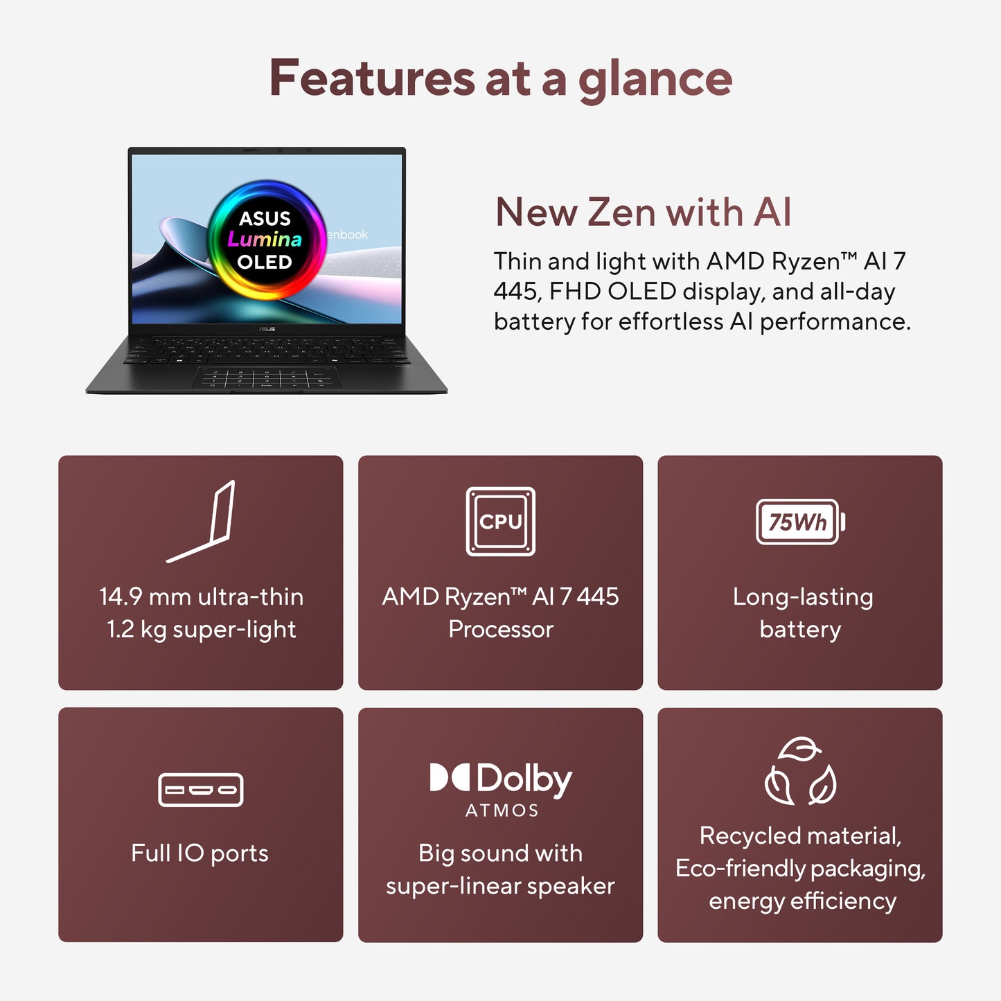 ASUS Zenbook 14 OLED UM3406GA-QD031W, 14 WUXGA OLED, Ryzen AI 7 445, 32GB, 1TB NVMe PCIe SSD, AMD Radeon Graphics, W11H, Black