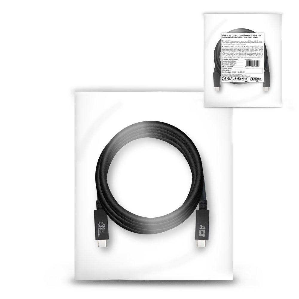 ACT USB-C  Connection Cable USB 4 20Gbps, 240W, Thunderbolt 3, Official USB-IF Certified 1.0 Meter