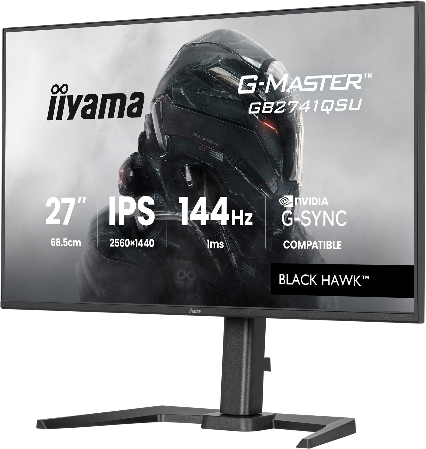 IIYAMA 27WIDE LCD, G-Master Black Hawk, 2560 x 1440, QHD  144 Hz IPS panel, LED Bl., USB-Hub,   Pivot, Height Adjust.(15cm), 350 cd/m², 150