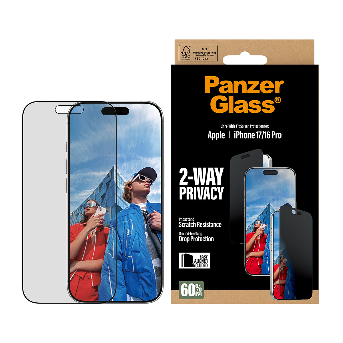 PanzerGlass Privacy Screen Protector Ultra-Wide Fit - Clear - voor iPhone 17/16 Pro