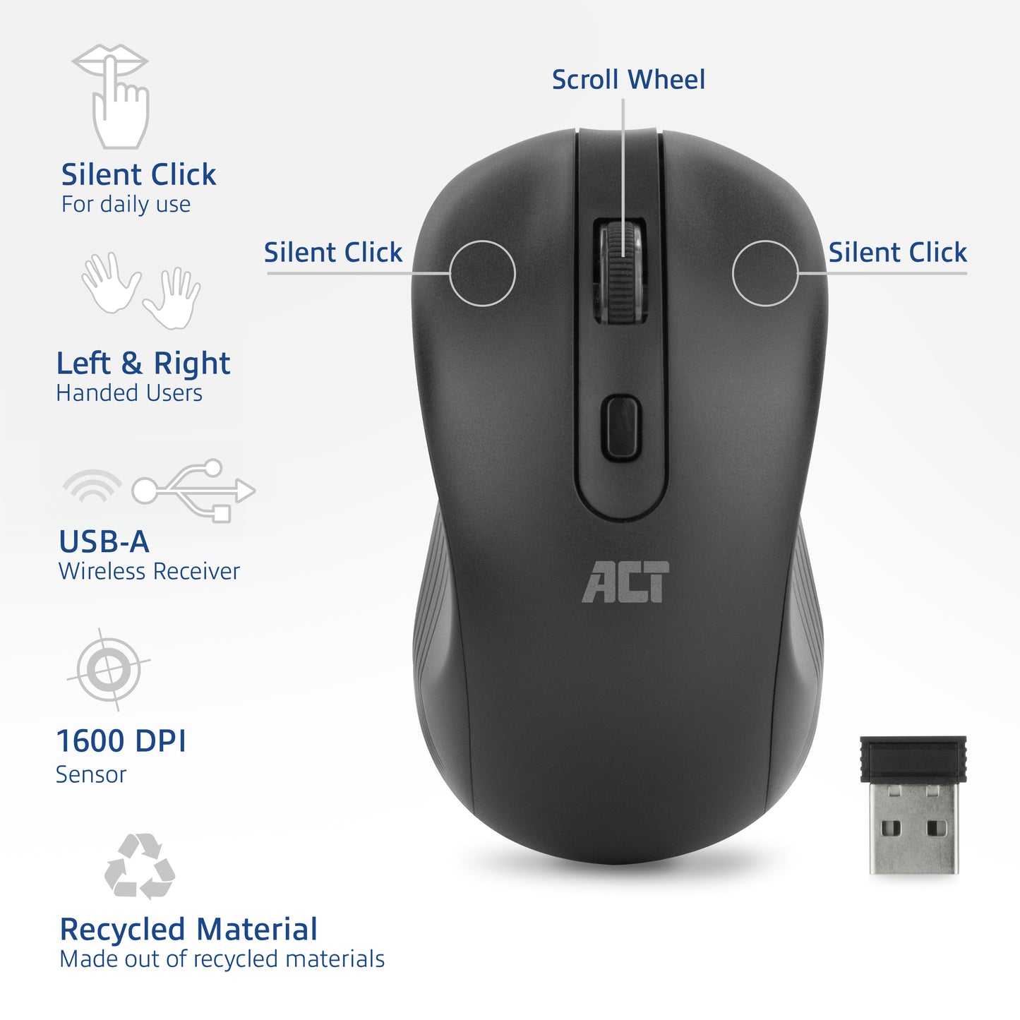 ACT Draadloze muis, USB nano ontvanger, 1000 dpi, zwart