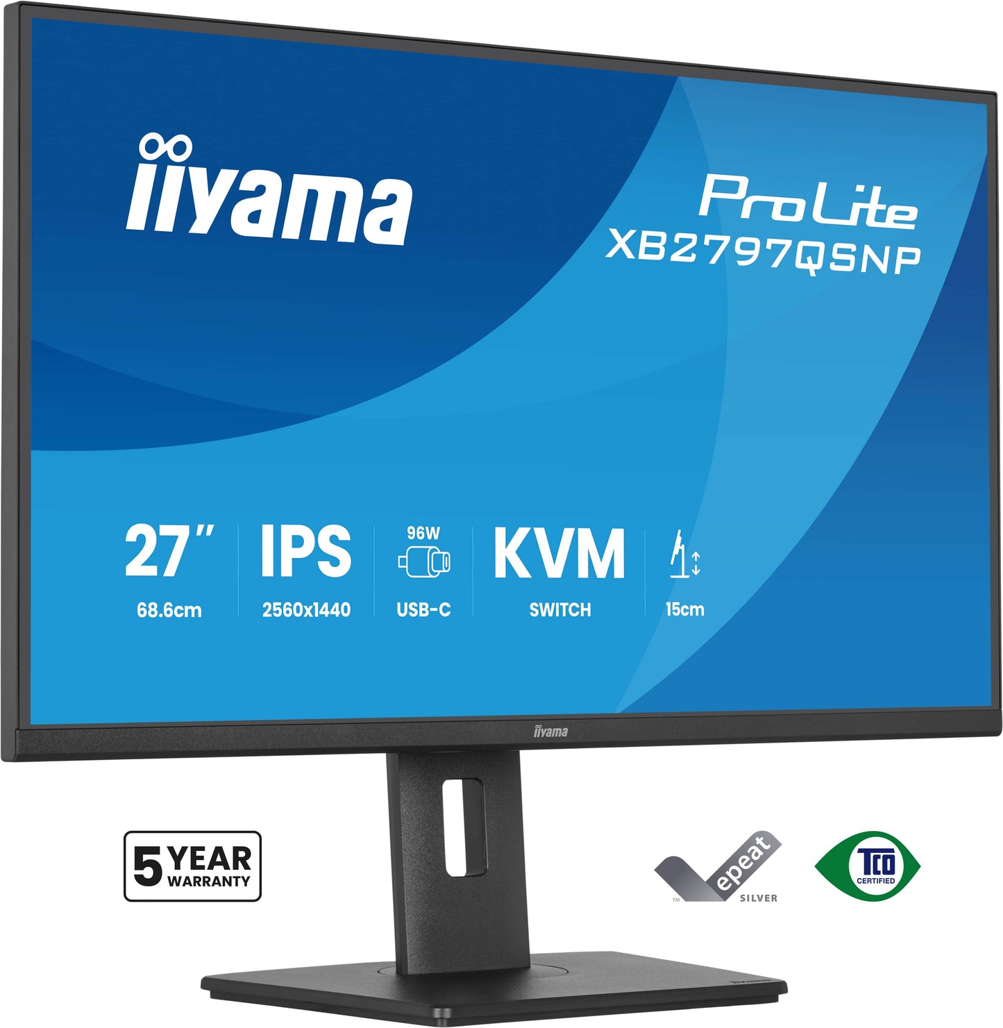 Iiyama Prolite XB2797QSNP-B1 27WIDE LCD, 2560 x 1440 QHD, IPS panel, LED Bl., Adaptive Sync, USB-Hub (2xOut v3.2 +2xUSB-C(7,5 Watt)), Pivot