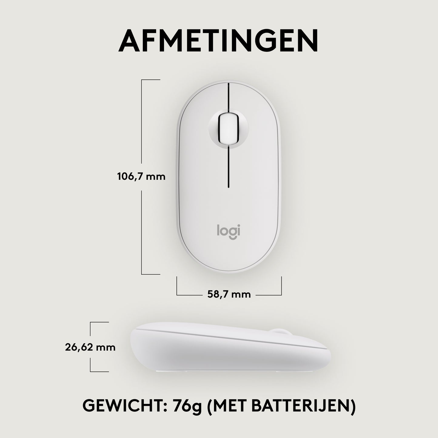 Logitech Pebble Mouse 2 M350s dunne draadloze Bluetooth-muis, Off-White, draagbaar, licht, aanpasbare knop, stil klikken, Easy-Switch, Windo