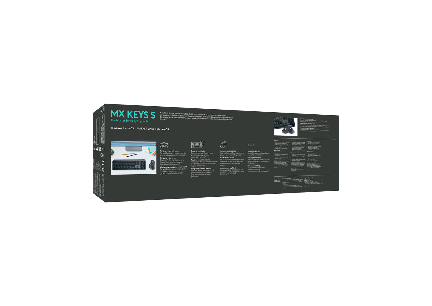 Logitech MX Keys S draadloos toetsenbord, BE Azerty, verlicht, Bluetooth, USB C oplaadbaar, voor Windows PC, Linux, Chrome, Mac