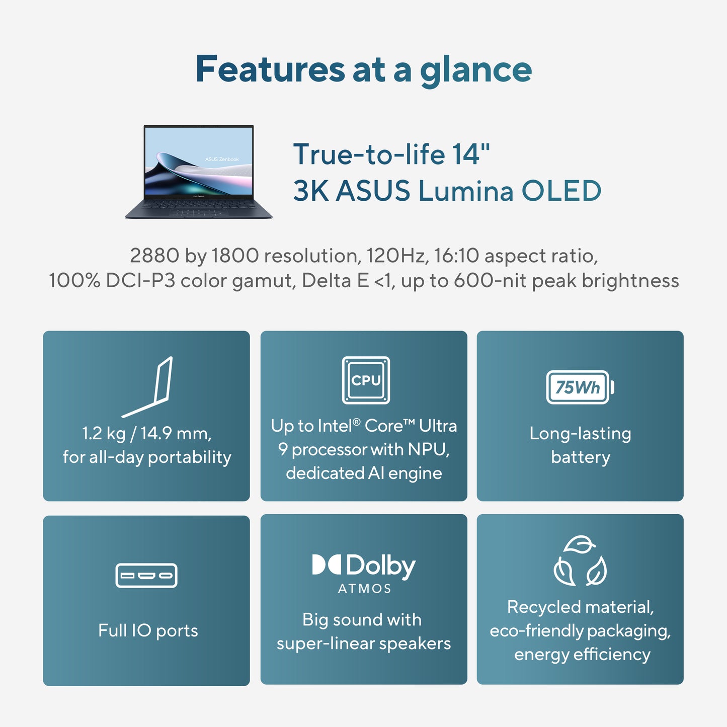 Zenbook 14UX3405CA-QL367W-BE, 14.0 60Hz WUXGA OLED Touch, Intel Core Ultra 9 285H, 32GB LPDDR5X, 1TB M.2 NVMe PCIe 4.0 SSD, Intel Arc Graph