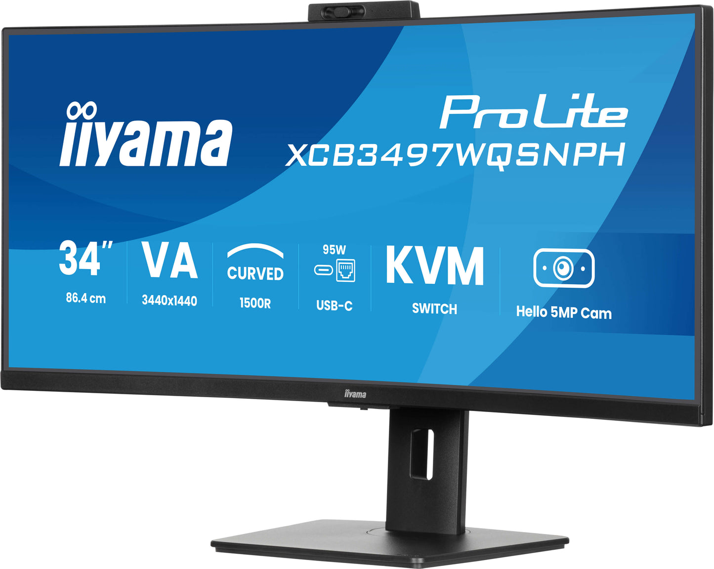 IIYAMA 34WIDE LCD, 3440 x 1440, UWQHD Curved VA panel, Built-in 5 MP Windows Hello Webcam & Microphone, USB-Hub (2xOut v3.2 + 2xUSB-C(7,5 W