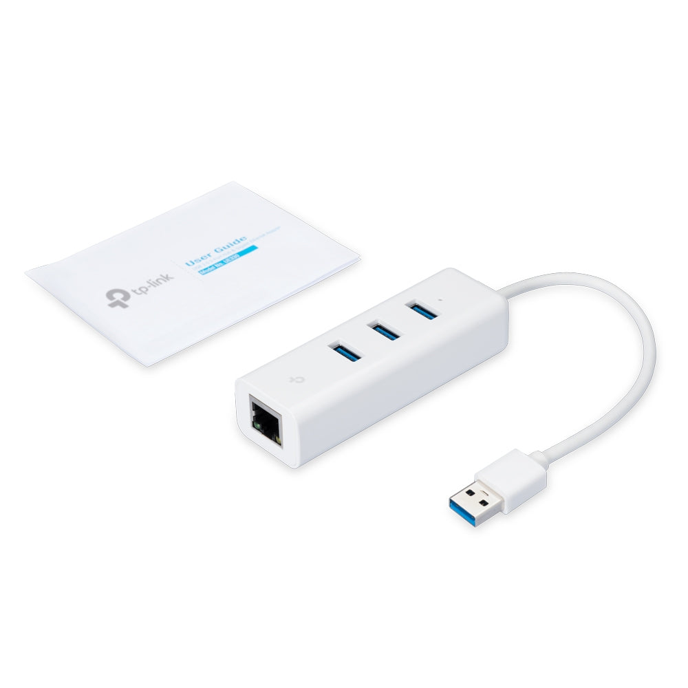 USB 3.0 to Gigabit Ethernet Network Adapter with 3-Port USB 3.0 Hub 1 USB 3.0 connector 1 Gigabit Ethernet port 3 USB 3.0 ports- 2 in 1 USB