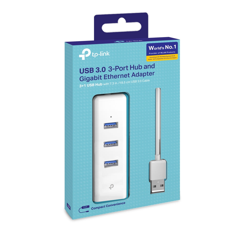 USB 3.0 to Gigabit Ethernet Network Adapter with 3-Port USB 3.0 Hub 1 USB 3.0 connector 1 Gigabit Ethernet port 3 USB 3.0 ports- 2 in 1 USB