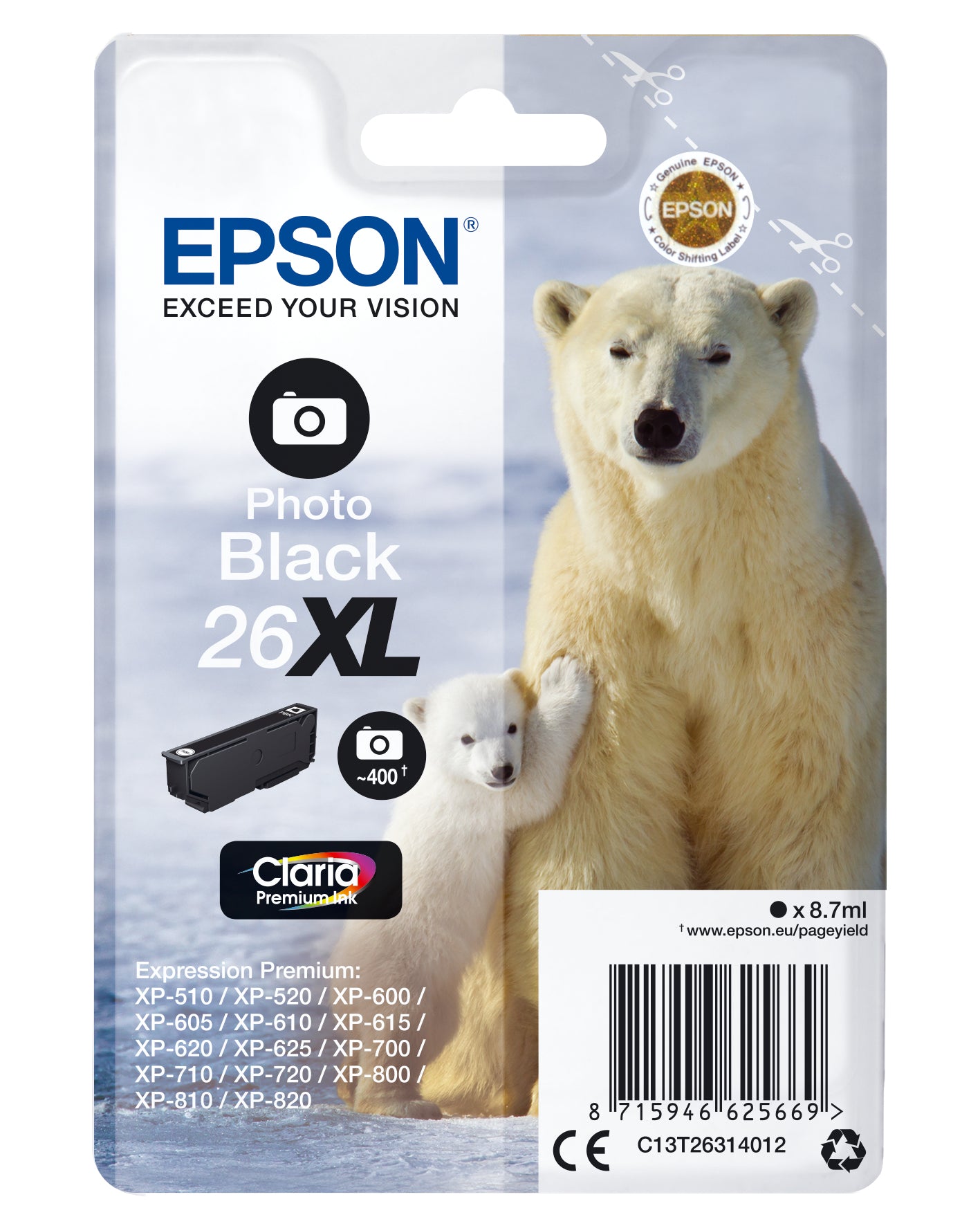 Singlepack Photo Black 26XL Claria Premium Ink