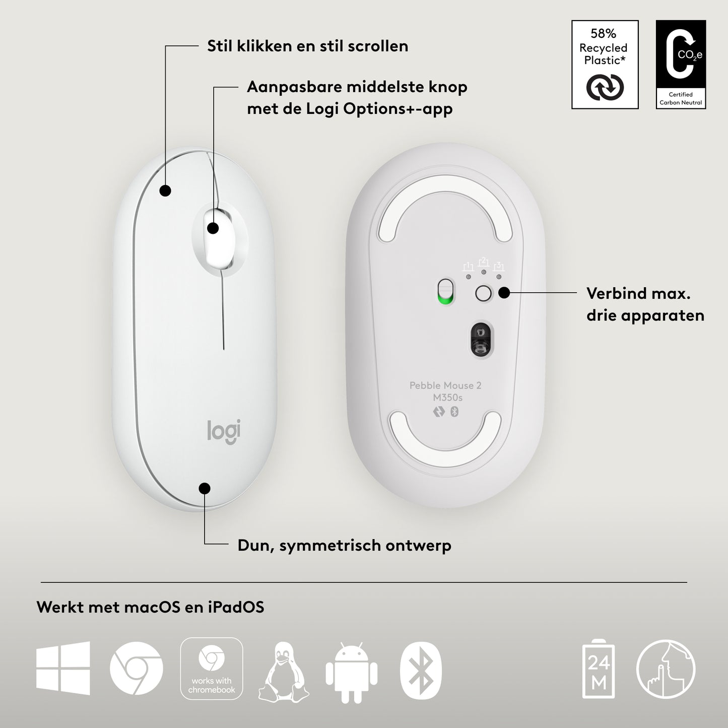 Logitech Pebble Mouse 2 M350s dunne draadloze Bluetooth-muis, Off-White, draagbaar, licht, aanpasbare knop, stil klikken, Easy-Switch, Windo