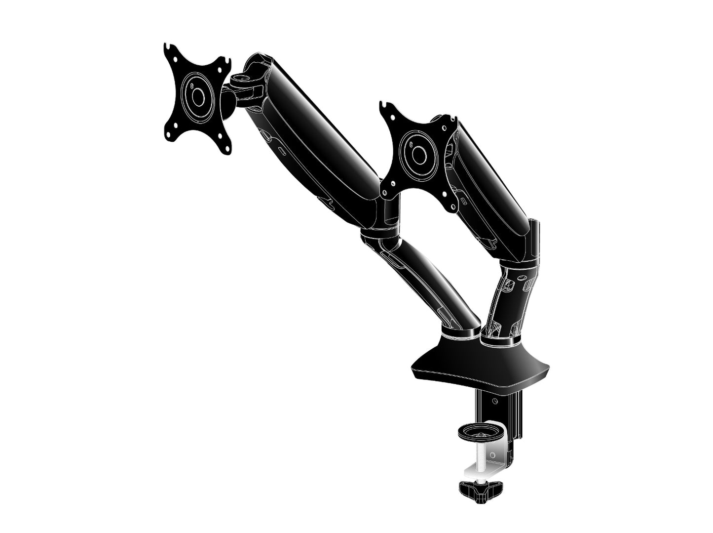 Flexible desk mount for dual monitor with height adjustable gas spring. Deskmount with clamp or grommet. Monitor size 10-27 , VESA 75x75 or