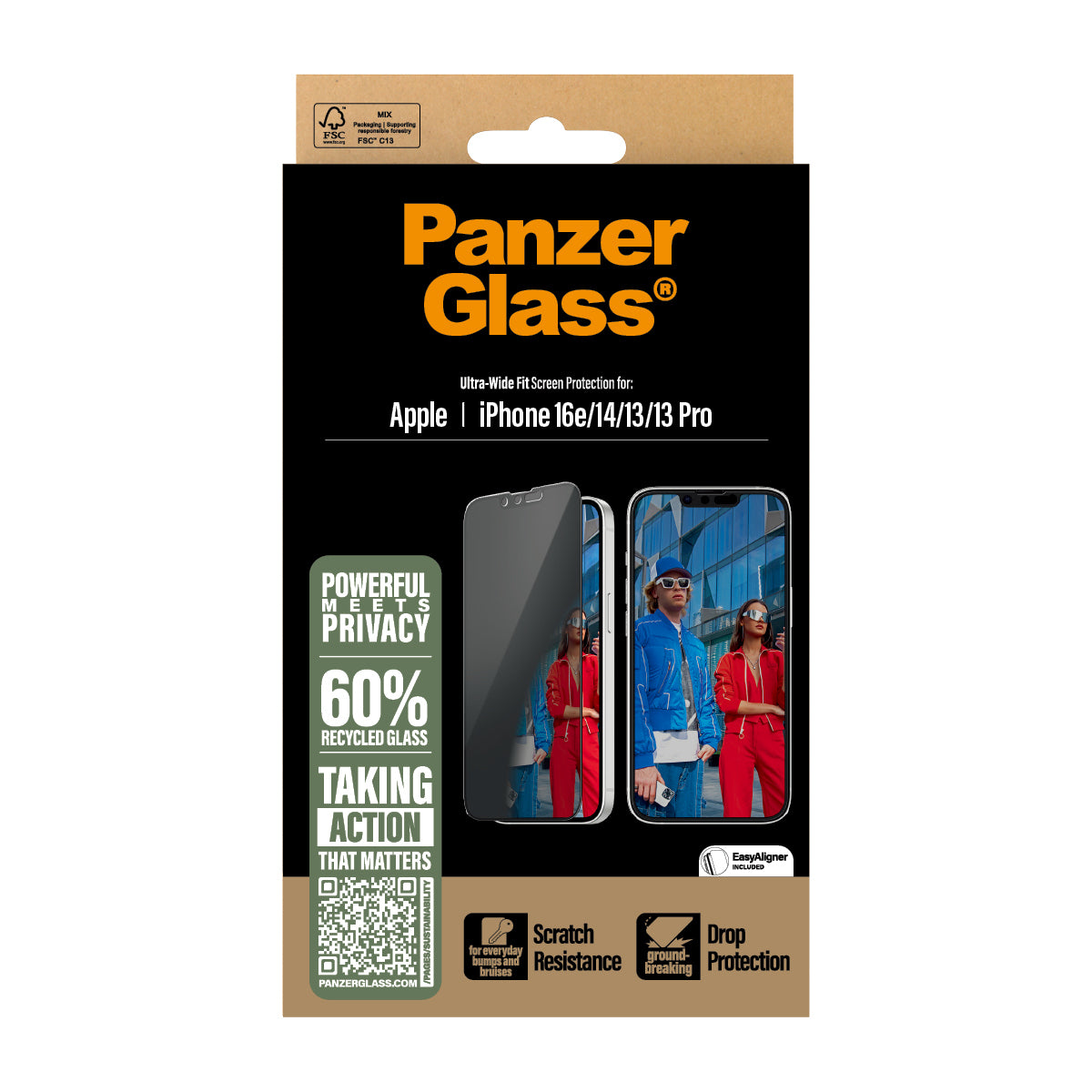 PanzerGlass Privacy Screen Protector iPhone 16e 14 13 13 Pro Ultra-Wide Fit w. Aligner