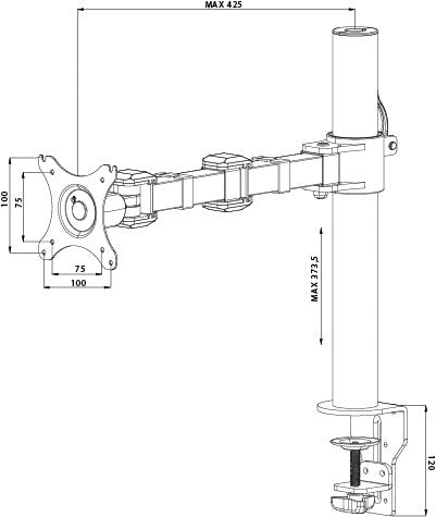 Flexible desk mount for single monitor. Desk mount with clamp or grommet. Monitor size 10-30 , VESA 75x75 or 100x100mm, <=10kg.