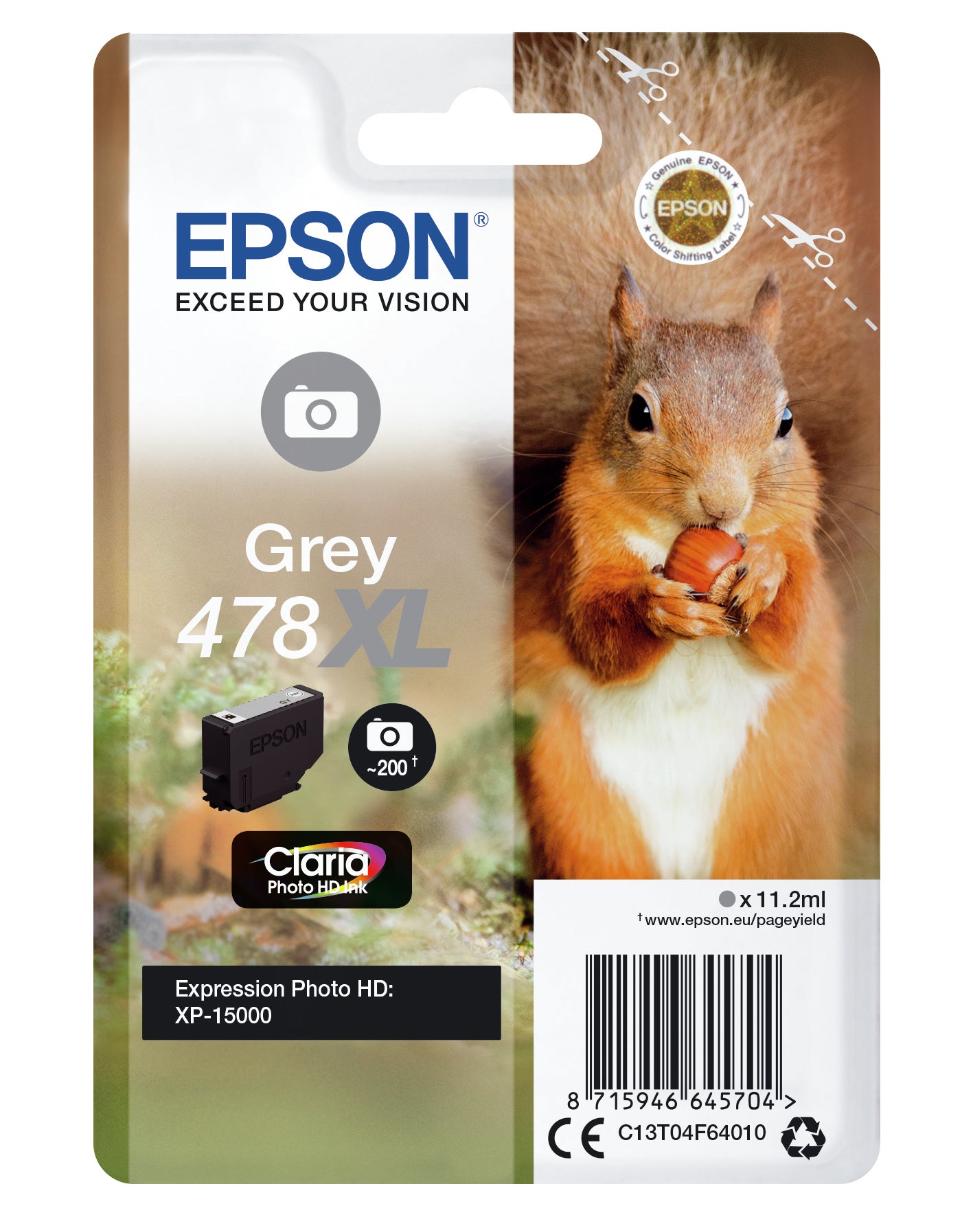 EPSON Singlepack Grey 478XL Claria Photo HD Ink Squirrel