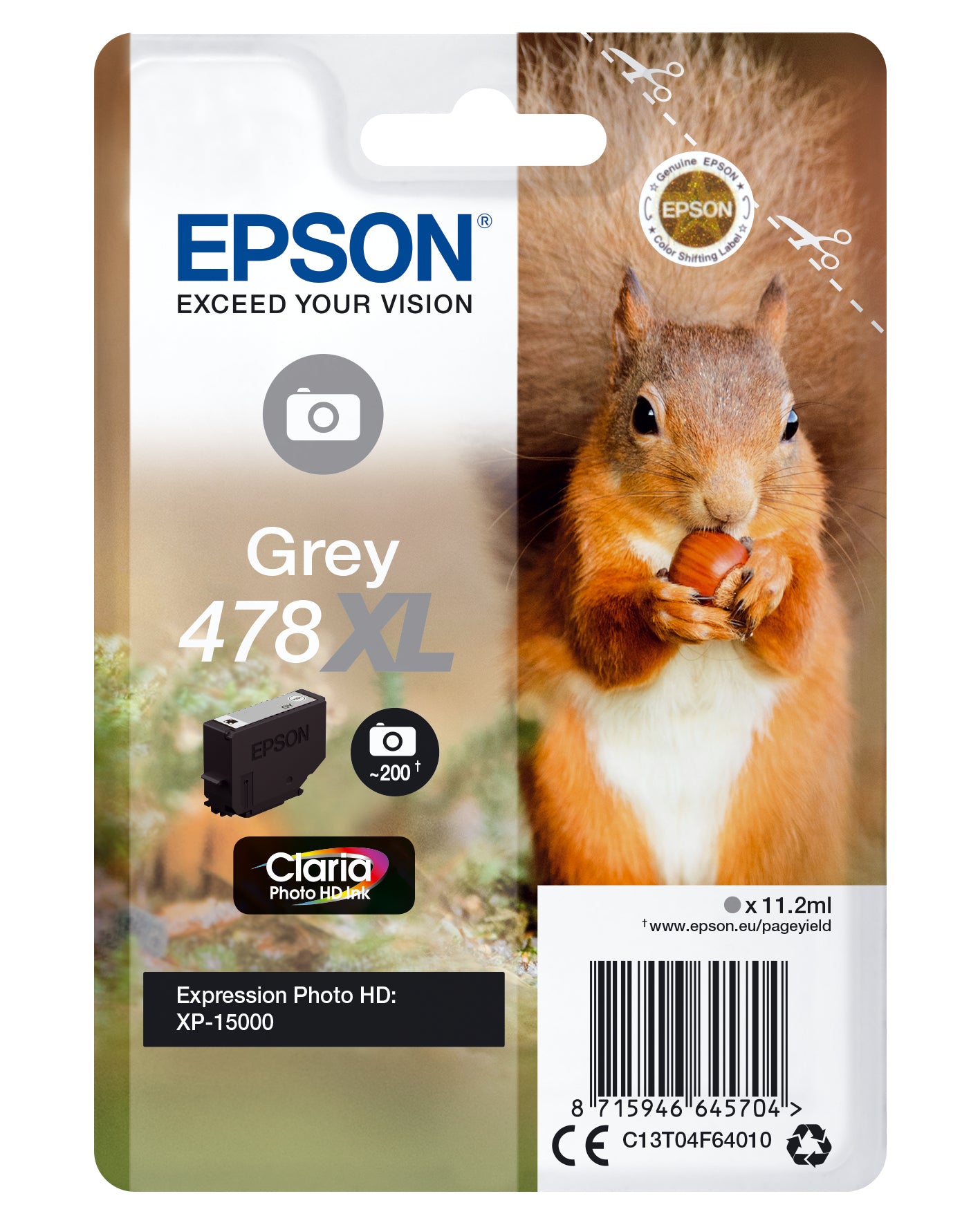 EPSON Singlepack Grey 478XL Claria Photo HD Ink Squirrel