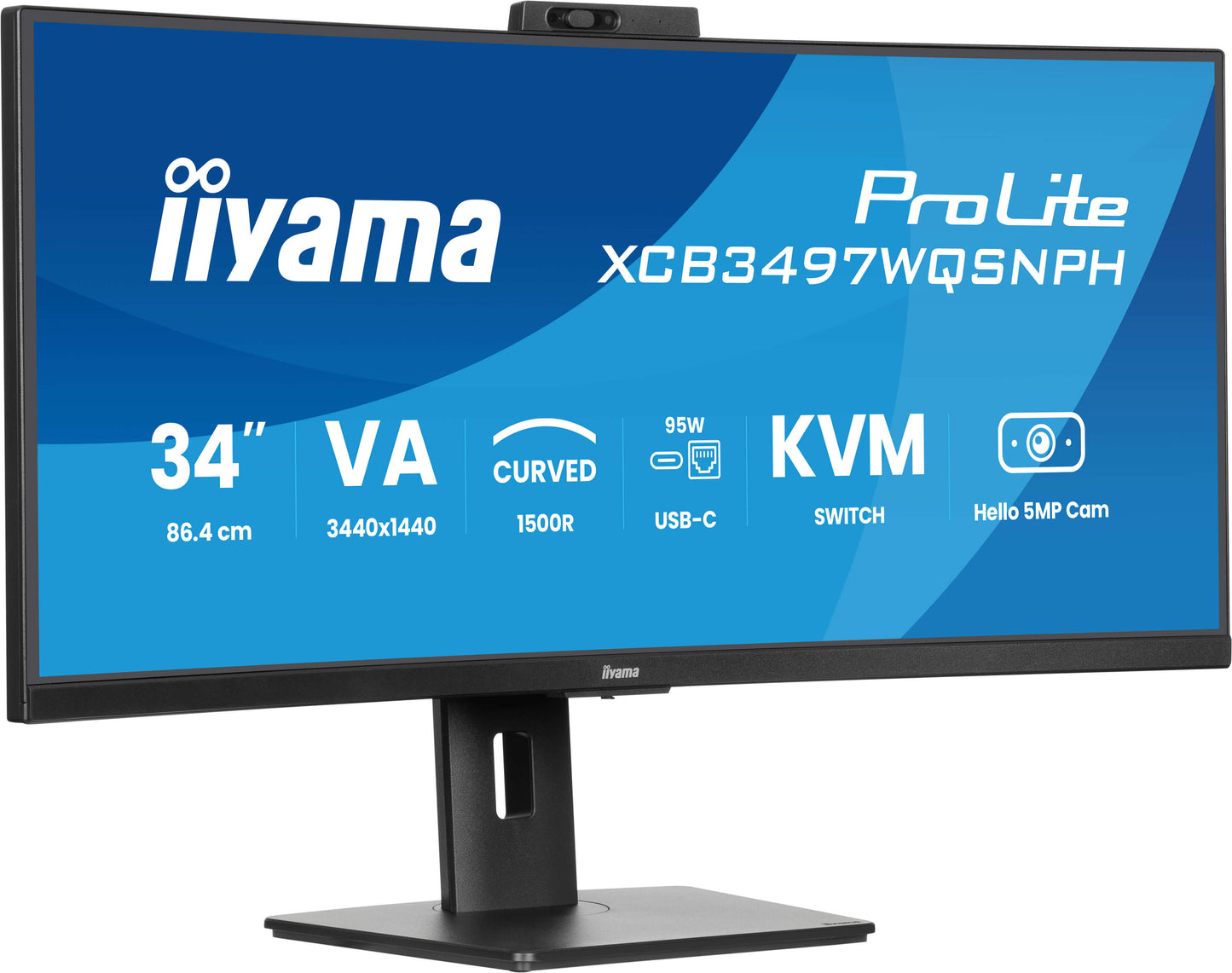 IIYAMA 34WIDE LCD, 3440 x 1440, UWQHD Curved VA panel, Built-in 5 MP Windows Hello Webcam & Microphone, USB-Hub (2xOut v3.2 + 2xUSB-C(7,5 W