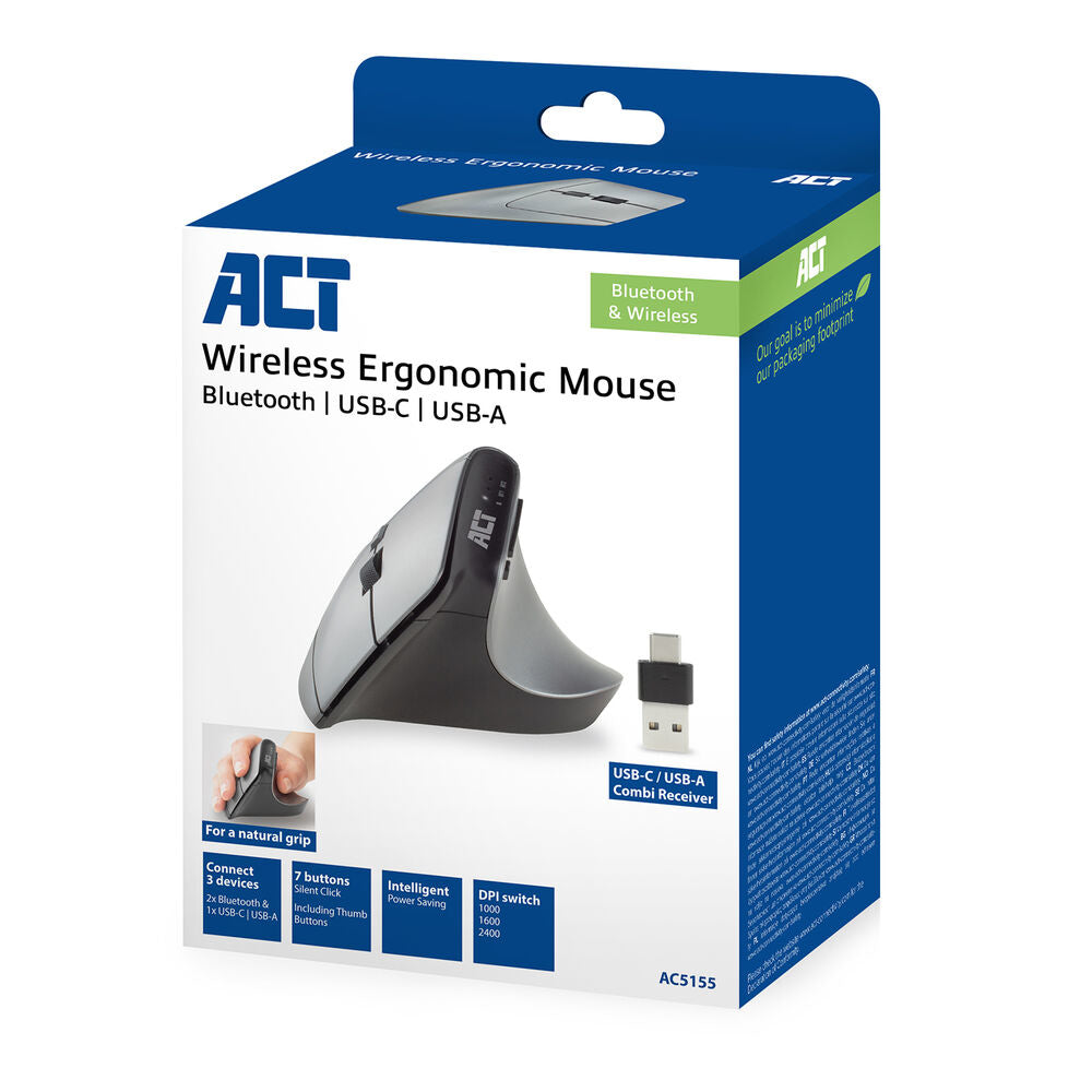 ACT ERGONOMIC BLUETOOTH & WIRELESS MOUSE USB-A & USB-C 1000/1600/2400 DPI - 1xAA