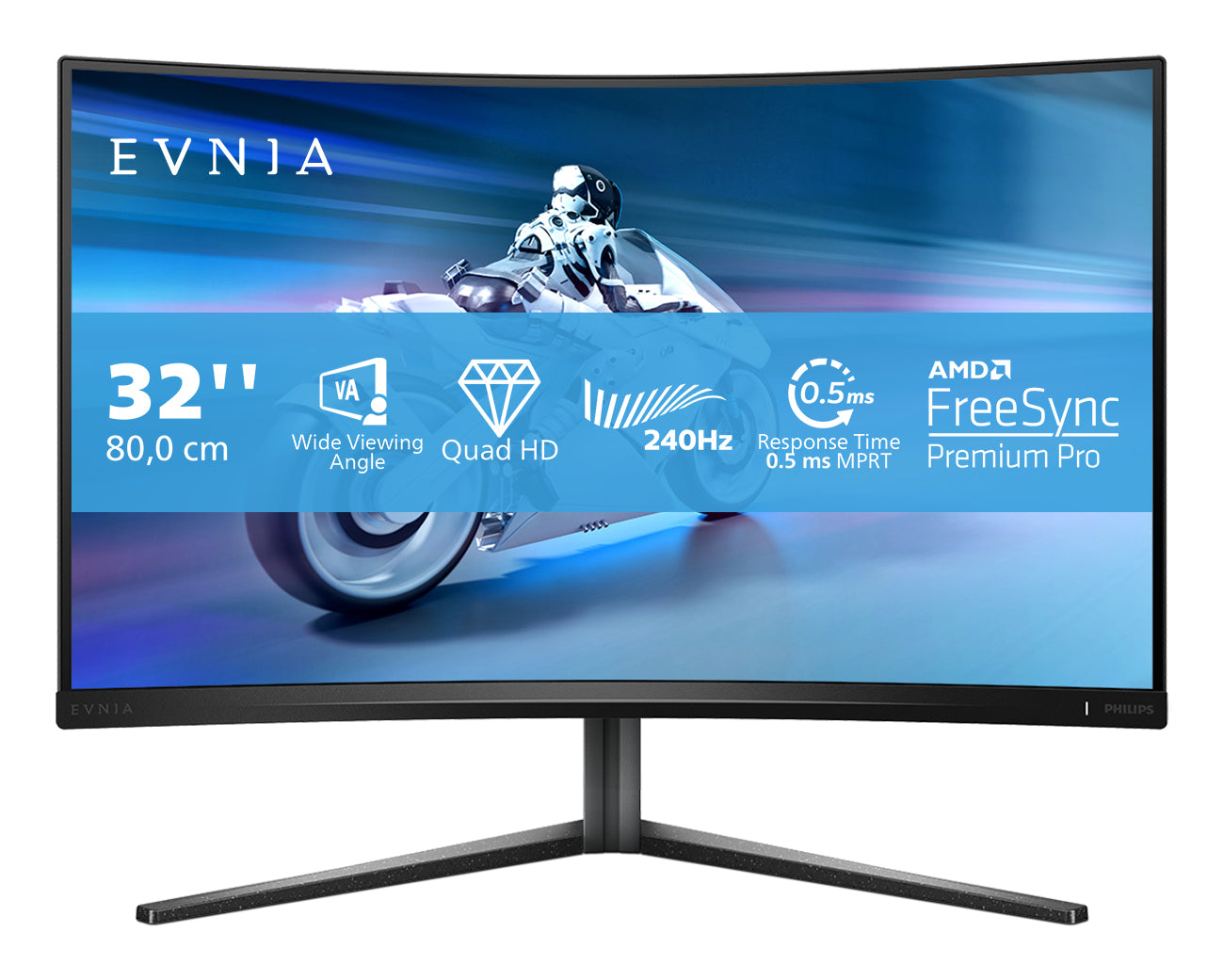 Philips 32 CURVE QHD VA, 240Hz, 1 ms, 2560x1440, Wid 16/9, 2xDP-2xHDMI, Brightness 500 cd/m², Contrastratio 4000:1, Viewing angle 178 /178