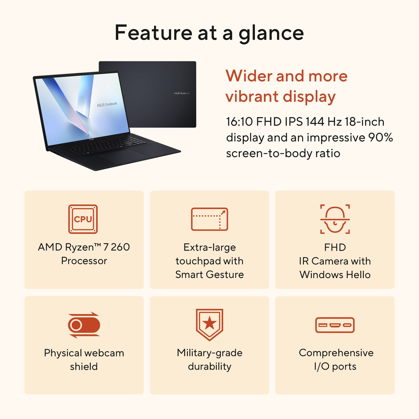 ASUS Vivobook 18M1807HA-S8026W-BE, 18.4 WUXGA 144Hz, AMD Ryzen 7 260, 16GB DDR5, 512GB M.2 NVMe PCIe 4.0 SSD, AMD Radeon Graphics 780M, W11