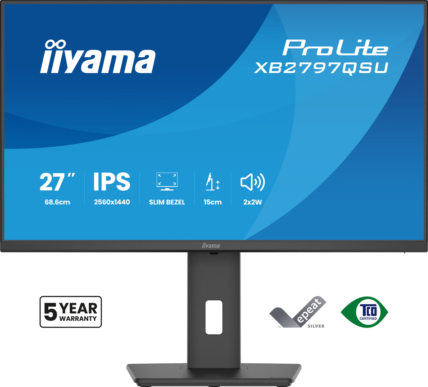 IIYAMA XB2797QSU-B1 27inch IPS QHD 4-side slim bezel EyeComfort 350cd/m2 4ms Speakers 2x HDMI DP 2xUSB 3.2 2xUSB Type-C 15cm Adj.