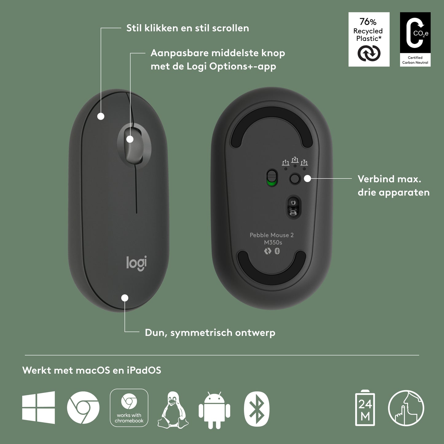 Logitech Pebble Mouse 2 M350s dunne draadloze Bluetooth-muis, Graphite, draagbaar, licht, aanpasbare knop, stil klikken, Easy-Switch, Window