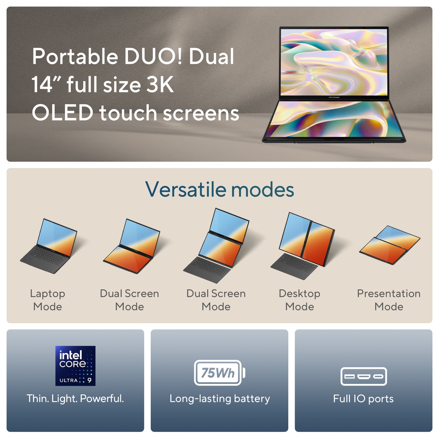 ASUS ZenBook Duo OLED UX8406CA-QL038W-BE, 14 FHD OLED, Intel Core Ultra 7 225H, 32GB, 1TB NVMe PCIe SSD, Intel Arc Graphics, W11H, Grey