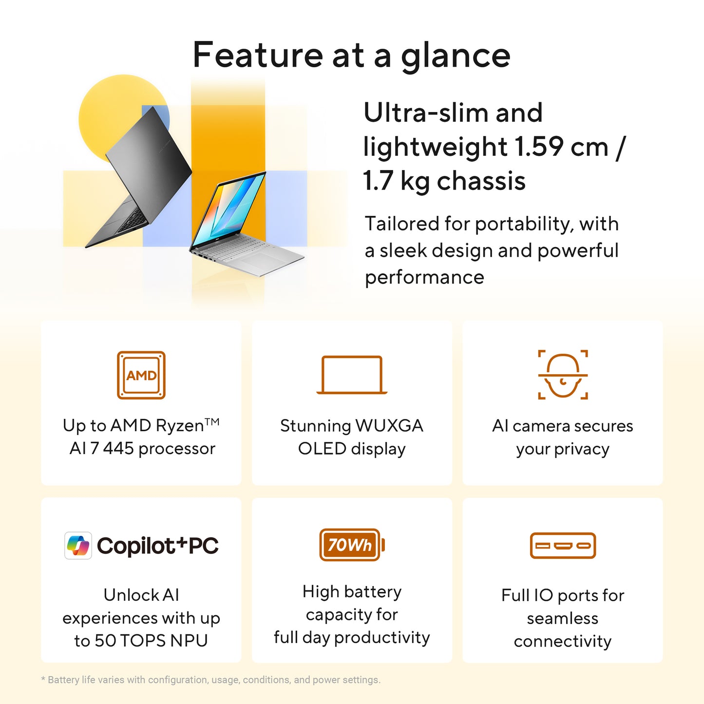 Asus Vivobook S16 M3607GA-SH004W-BE, 16 FHD OLED 300 nits, AMD Ryzen AI 7 445, 32GB DDR5, 1TB PCIe, AMD Radeon Graphics, W11H