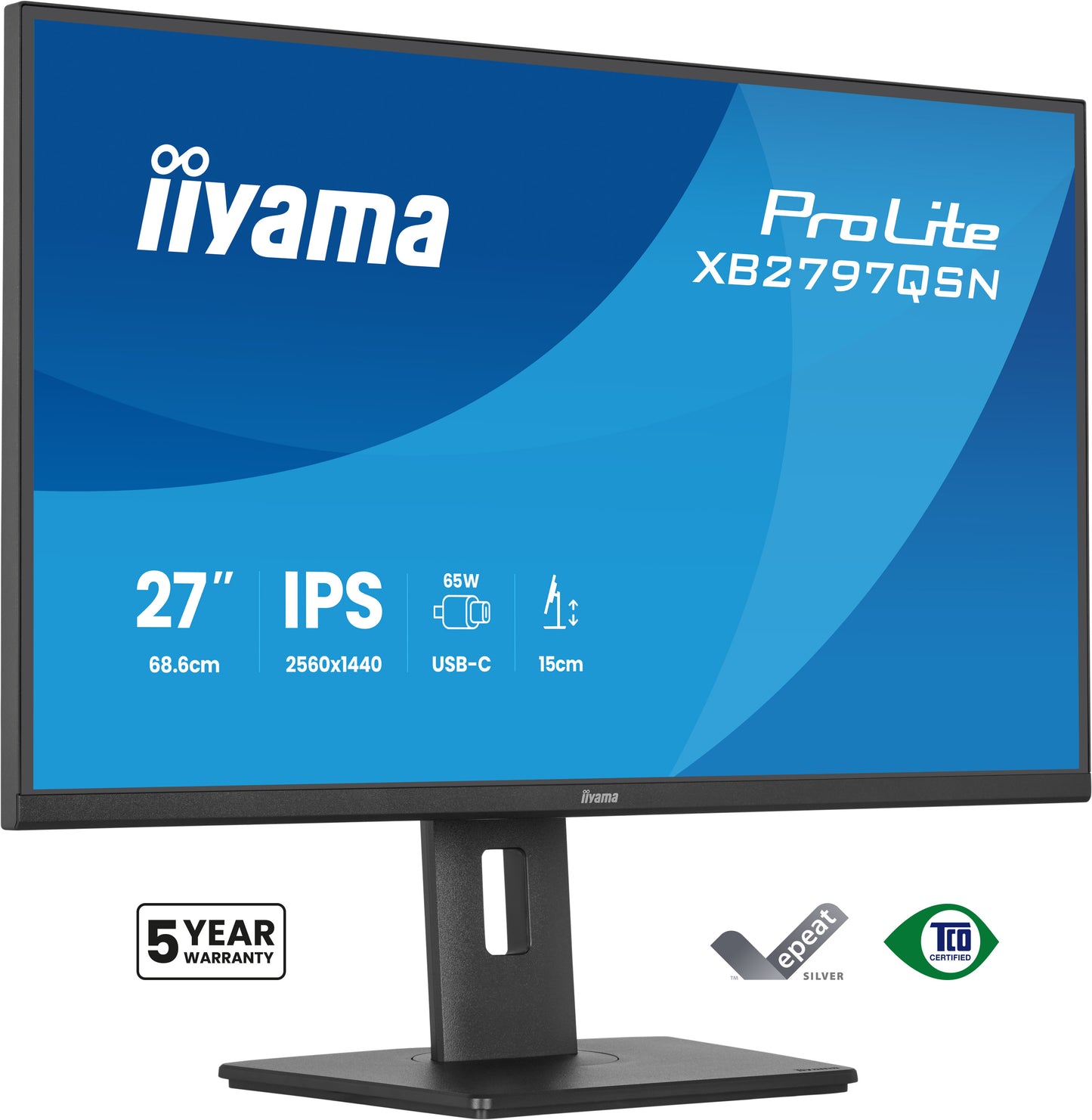 Iiyama Prolite XB2797QSN-B1 27WIDE LCD, 2560 x 1440 QHD, IPS panel, LED Bl., Adaptive Sync, USB-Hub (2xOut v3.2 +2xUSB-C(7,5 Watt)), Pivot,
