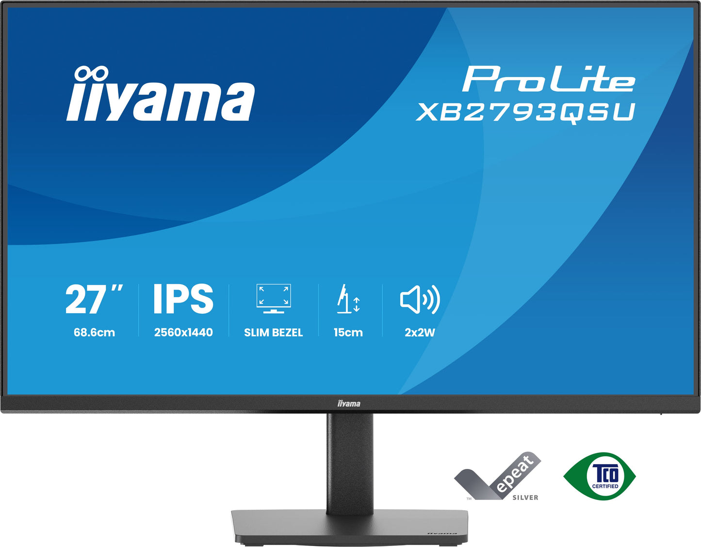Iiyama 27 IPS 4-side slim bezel, 2560x1440 QHD, 1ms (MPRT), 15cm Height Adj. Stand, 350cd/m², HDMI, DisplayPort, Speakers, USB HUB 2x2.0