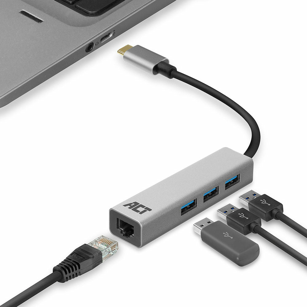 USB-C to USB-A Hub 3 ports with Gigabit Ethernet, metal housing