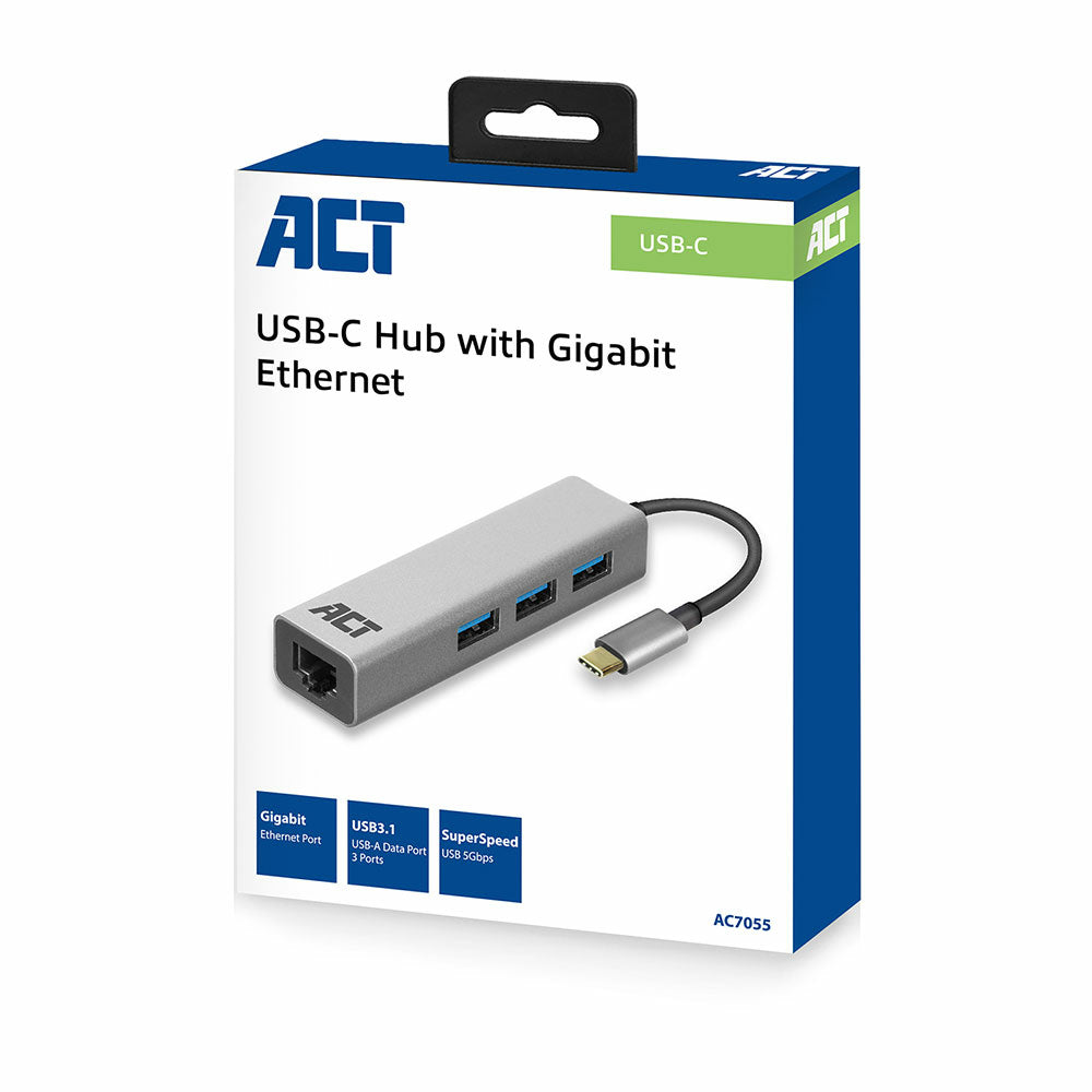 USB-C to USB-A Hub 3 ports with Gigabit Ethernet, metal housing