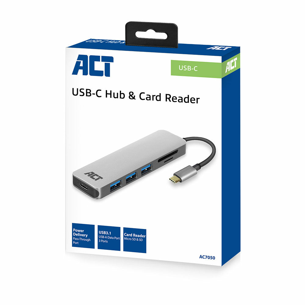 USB-C to USB-A Hub 3 ports with card-reader and PD Pass-through,                metal housing