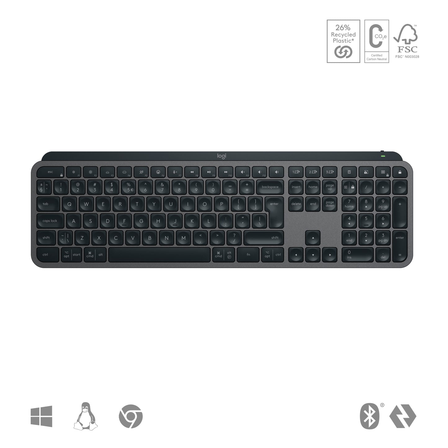 Logitech MX Keys S draadloos toetsenbord, BE Azerty, verlicht, Bluetooth, USB C oplaadbaar, voor Windows PC, Linux, Chrome, Mac