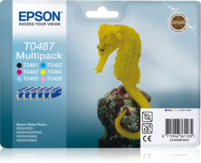 EPSON T0487 inktcartridge zwart en vijf kleuren standard capacity zw:13ml, kl:13ml zw:630p, kl:430 pag 6-pack blister zonder alarm