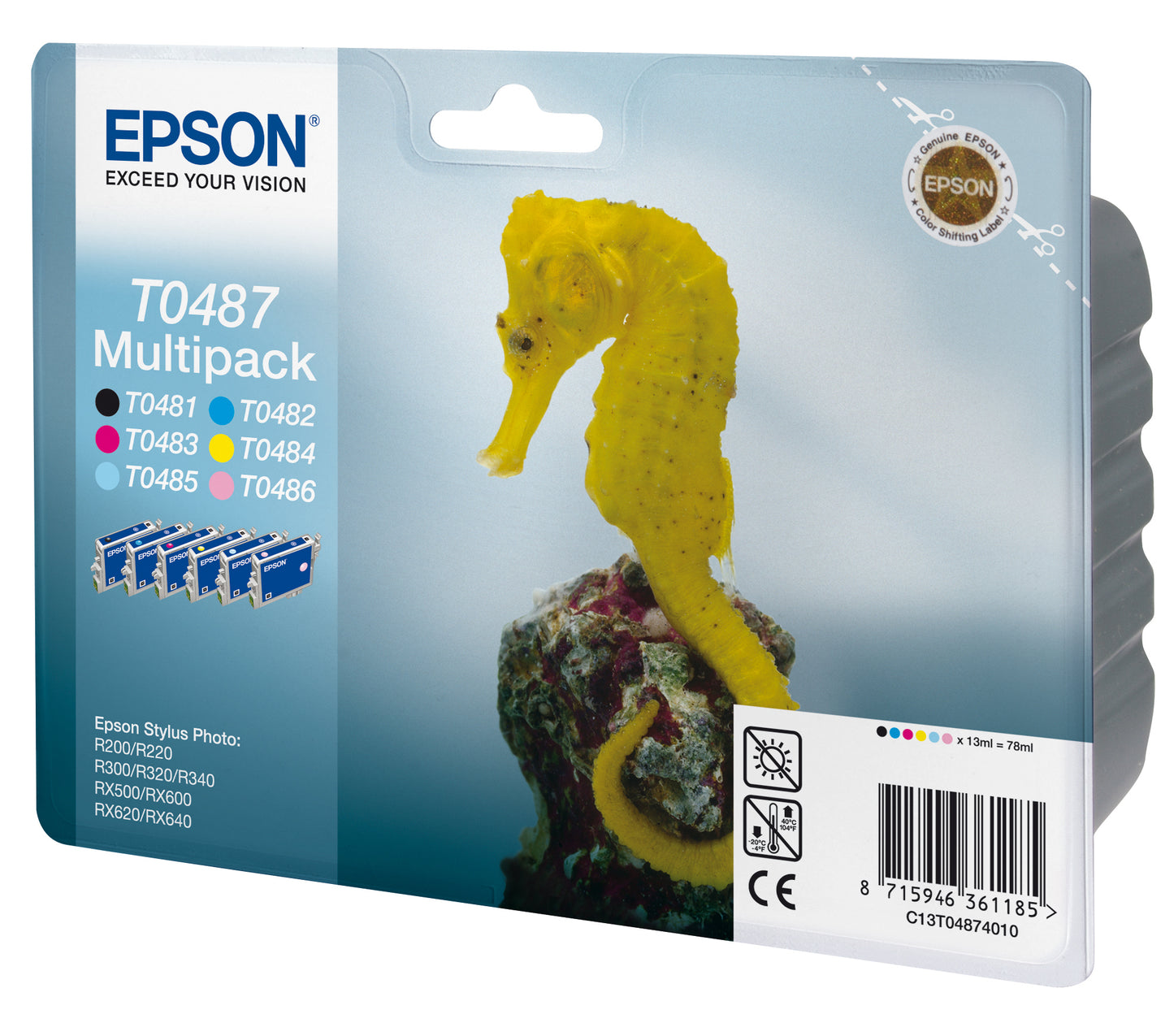 EPSON T0487 inktcartridge zwart en vijf kleuren standard capacity zw:13ml, kl:13ml zw:630p, kl:430 pag 6-pack blister zonder alarm
