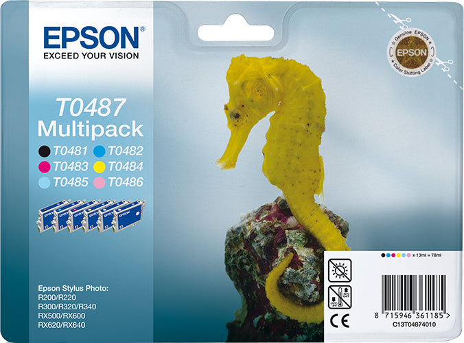 EPSON T0487 inktcartridge zwart en vijf kleuren standard capacity zw:13ml, kl:13ml zw:630p, kl:430 pag 6-pack blister zonder alarm