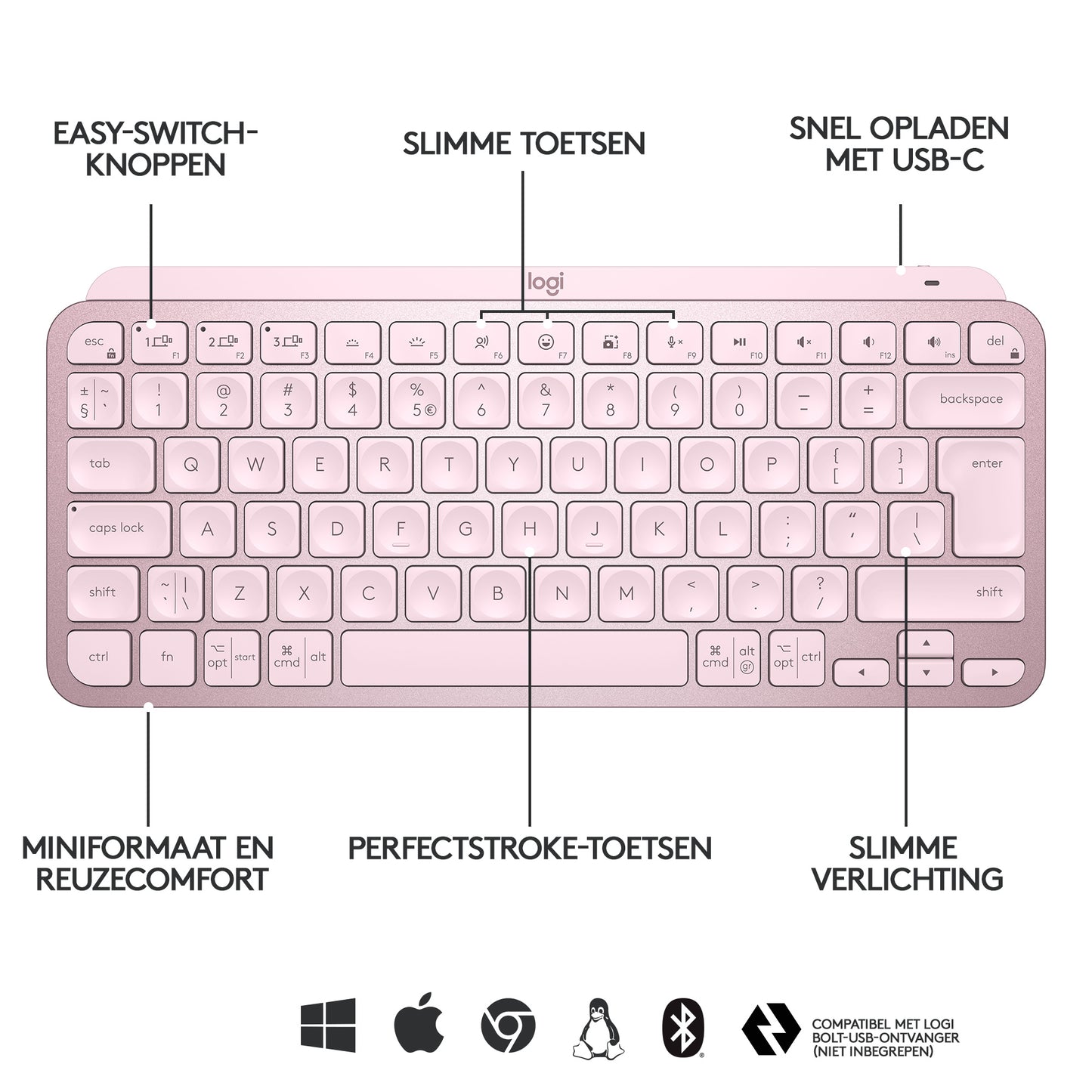 Logitech MX keys Mini Wireless Illuminated, Rose, FR azerty