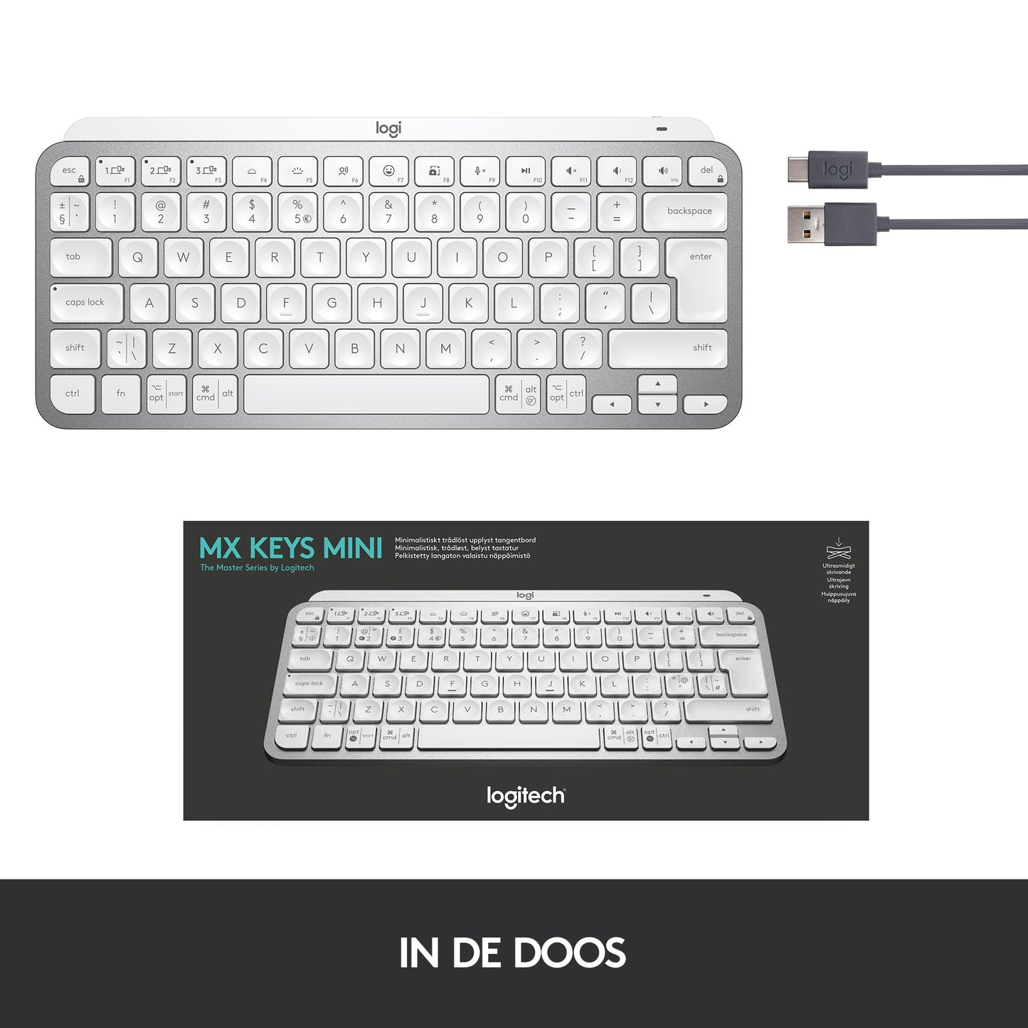 Logitech MX keys Mini Wireless Illuminated, Pale Grey, FR azerty