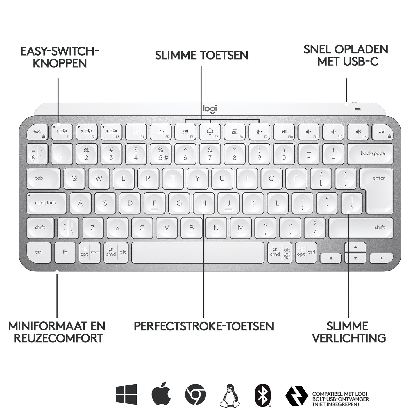 Logitech MX keys Mini Wireless Illuminated, Pale Grey, FR azerty